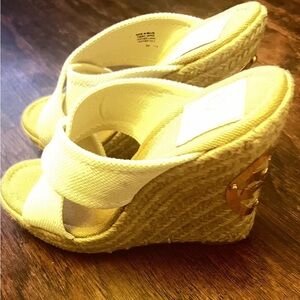 Tory Burch Cream Espadrille Wedge Sandals with Gold Logo